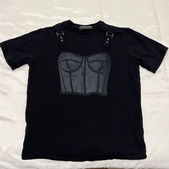 Maniere De Voir Tshirt Top Buckles Black Corset Graphic Pattern Women’s 8 - Picture 2 of 6